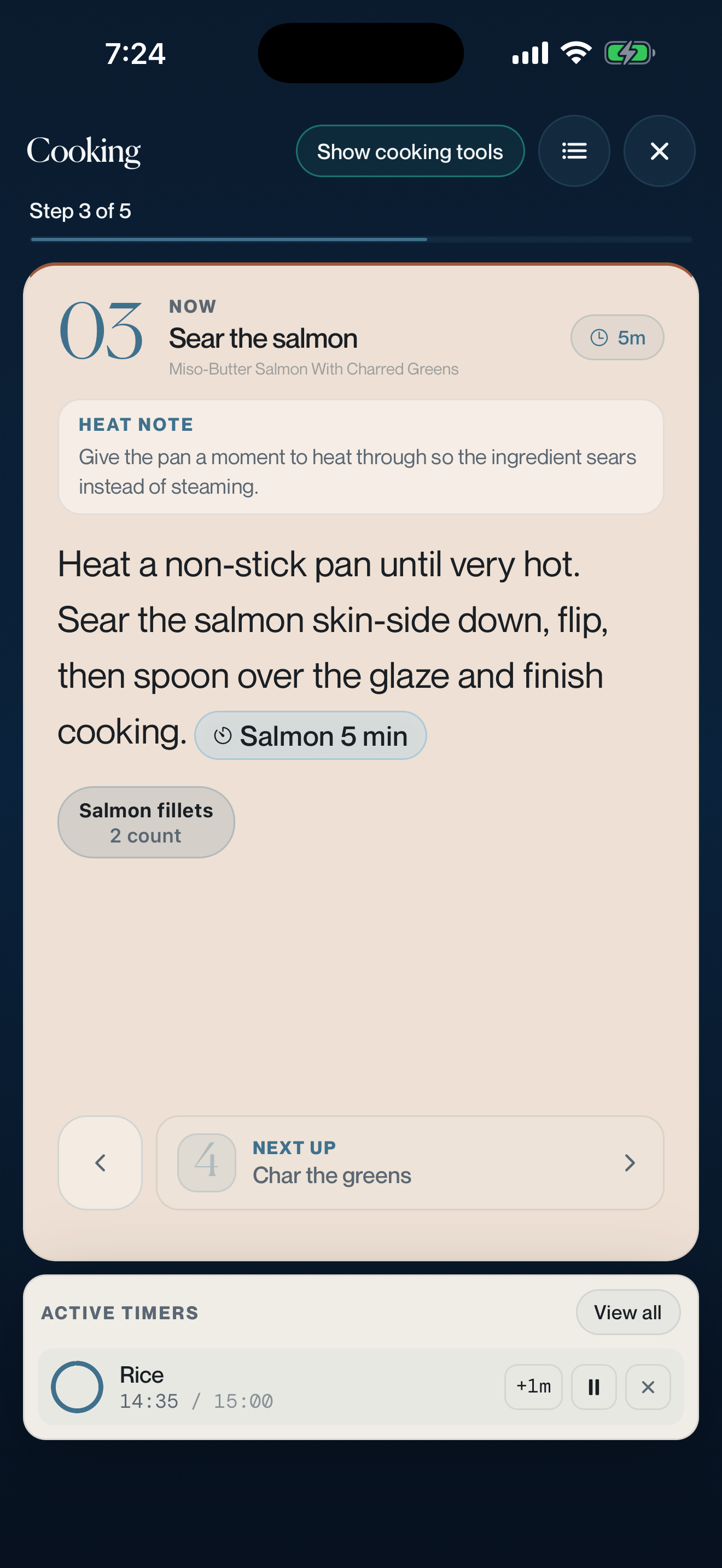 Pantri iPhone Cook Mode with a single focused recipe step, timer, and next action.