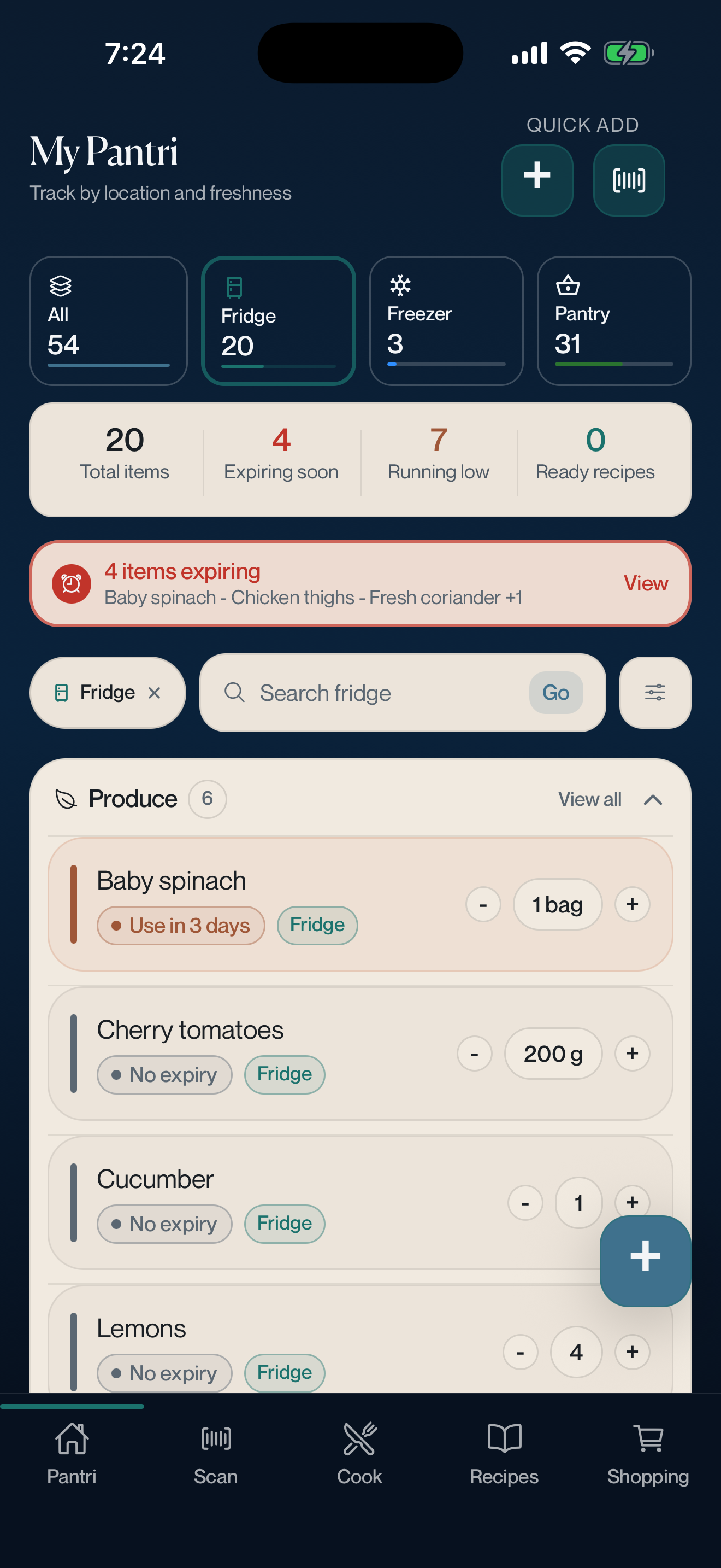 Pantri iPhone pantry inventory view with kitchen zones, expiring items, and ingredient counts.