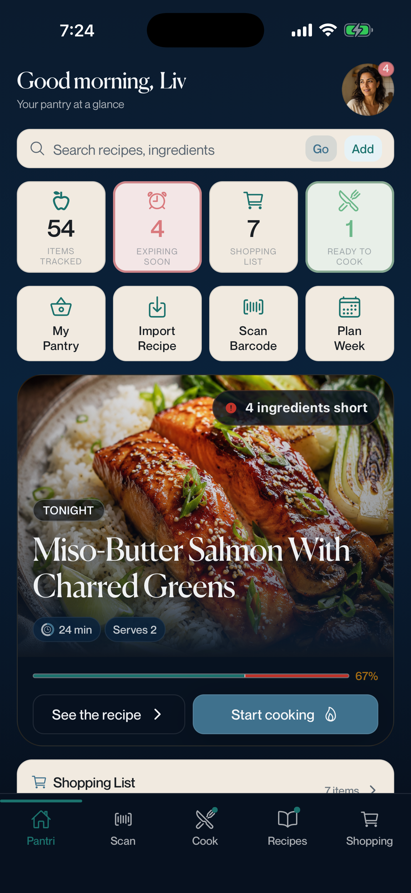 Pantri iPhone home dashboard showing pantry status, tonight’s recipe, and household actions.