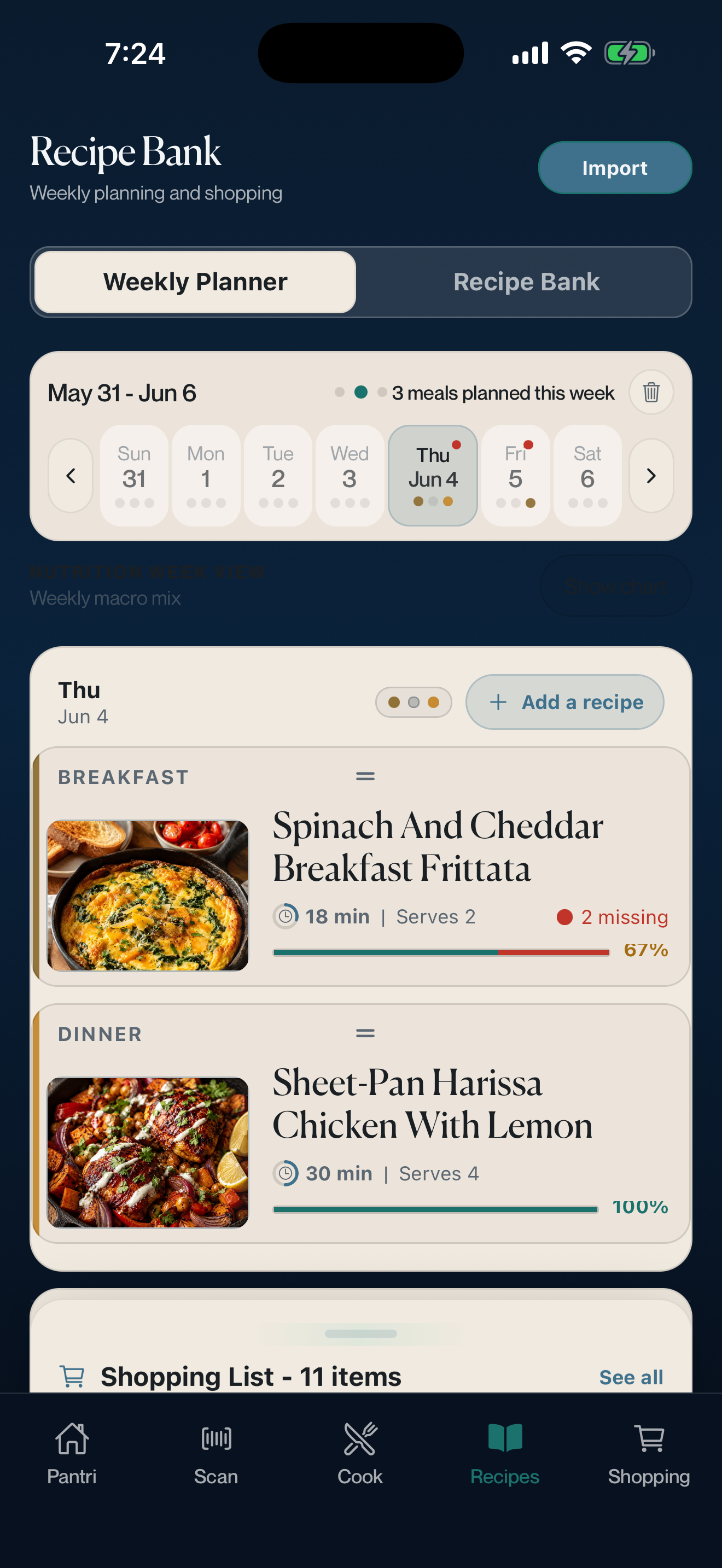 Pantri iPhone weekly planner connected to recipe bank and pantry context.